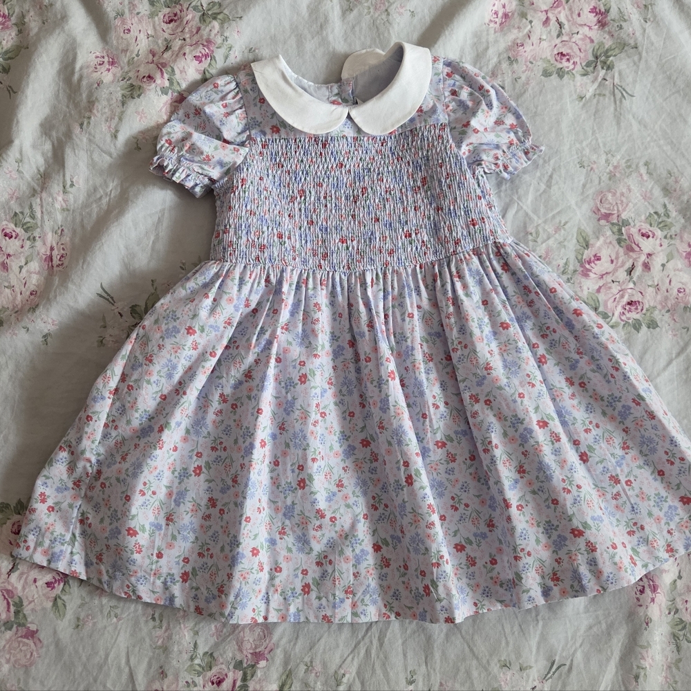 NWT Janie And Jack Blue Floral Smocked  Girls Dress With Bloomers 12-18 Months